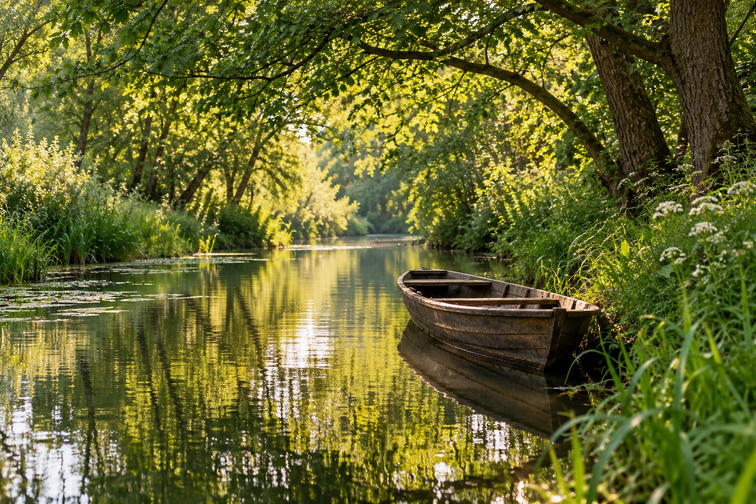 Ruhiger Wasserlauf im Grünen mit einem kleinen Holzboot am Ufer